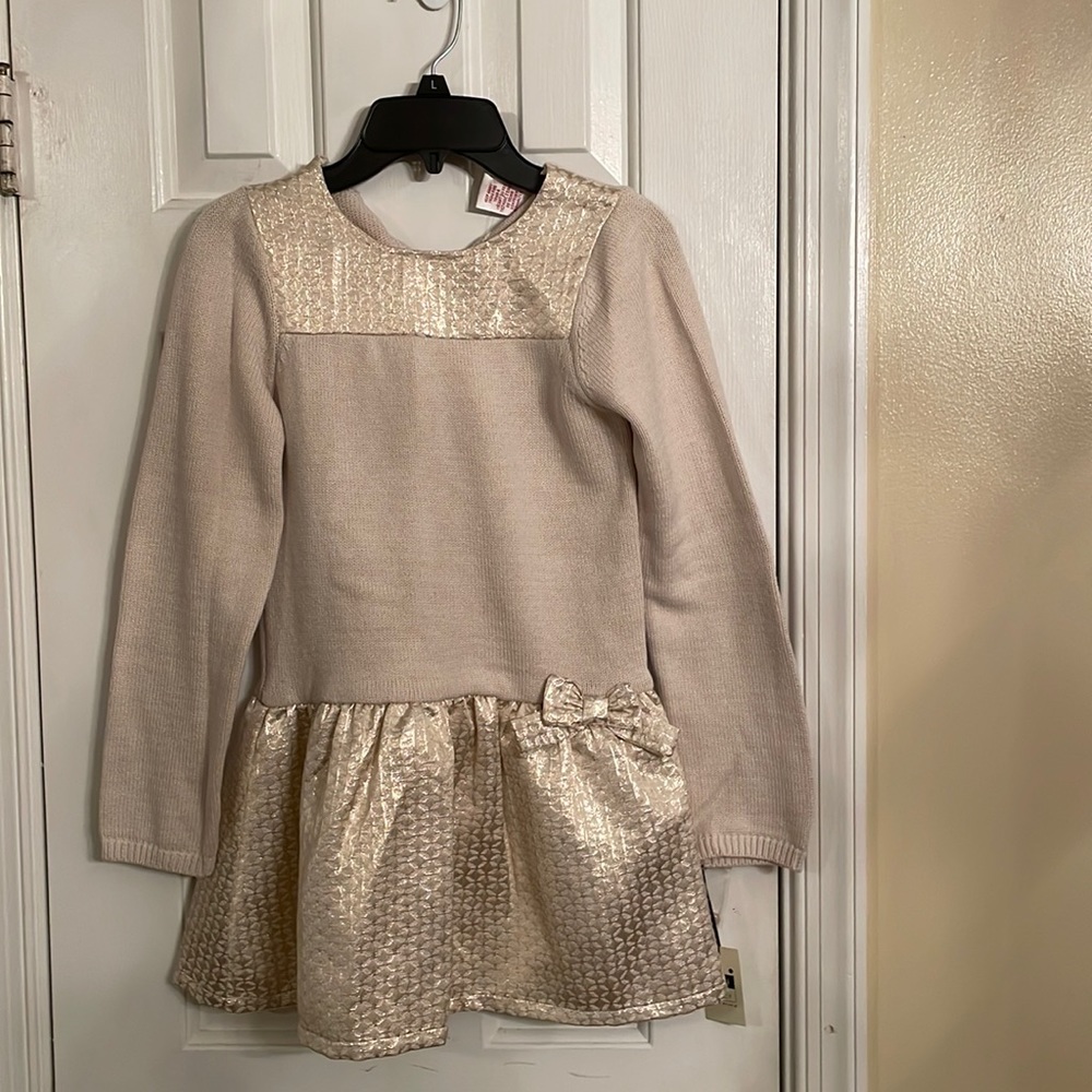 Girls Cream & Gold knit long sleeve dress Size 7/8